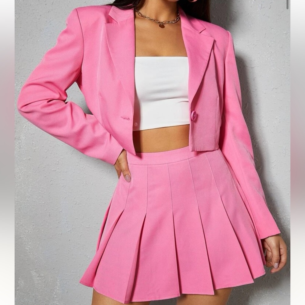 SHEIN shoulder pads single button blazer pink set